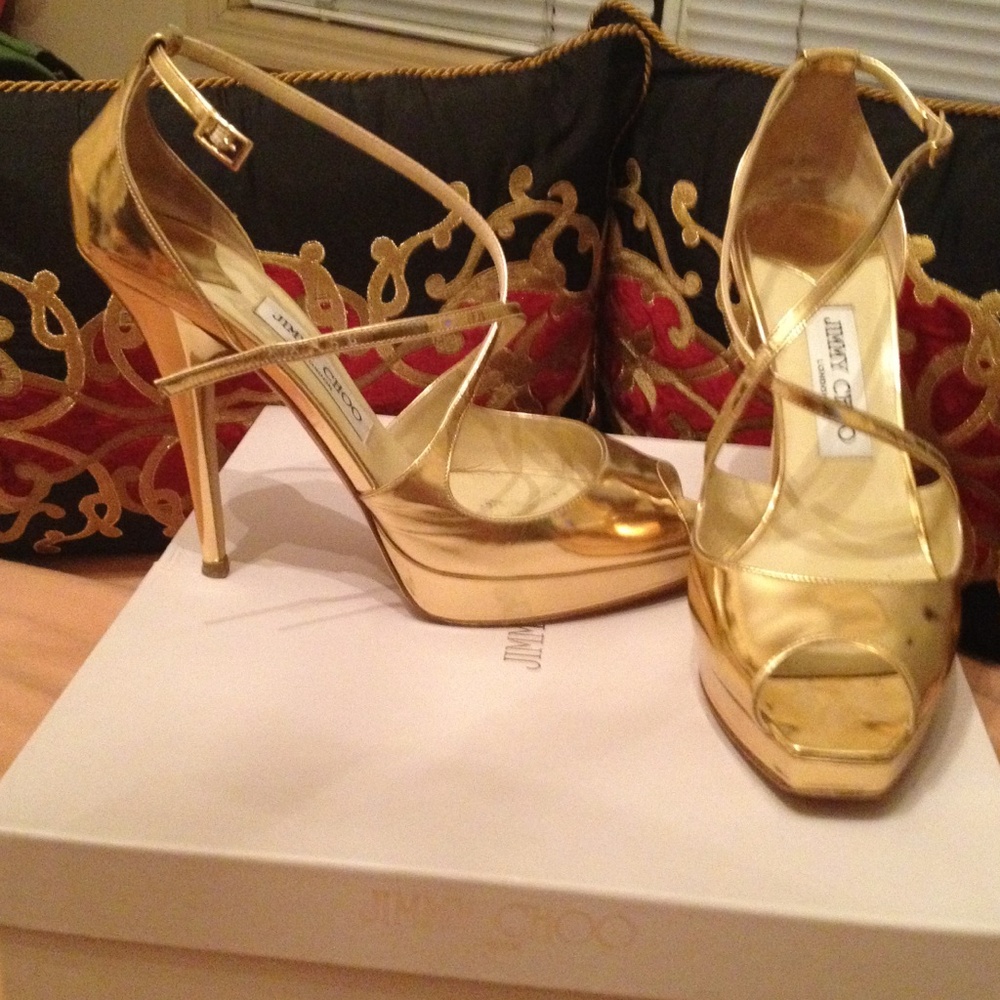 Authentic Jimmy Choo gold metallic sandal heels 39.5